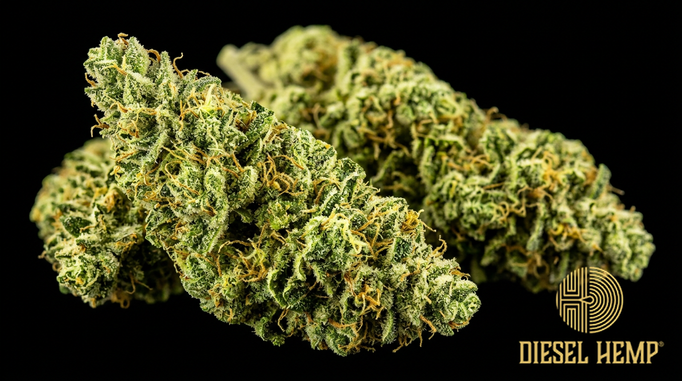 Sour Diesel strain cannabis flower on black background — bright lime green elongated diesel buds with amber pistils and very heavy white trichome coating | Diesel Hemp