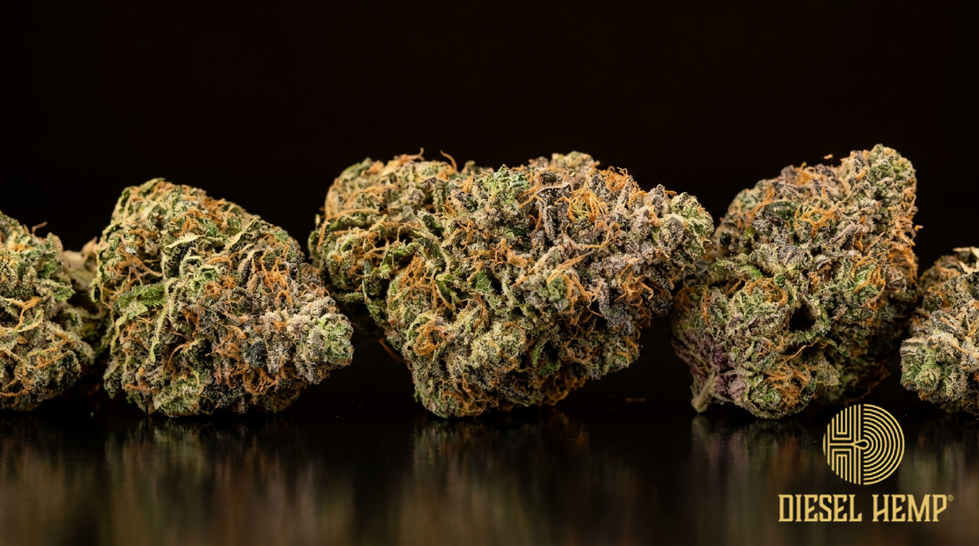 Sour Space Candy CBD hemp flower buds on black background — frosty green and purple with orange hairs | Diesel Hemp