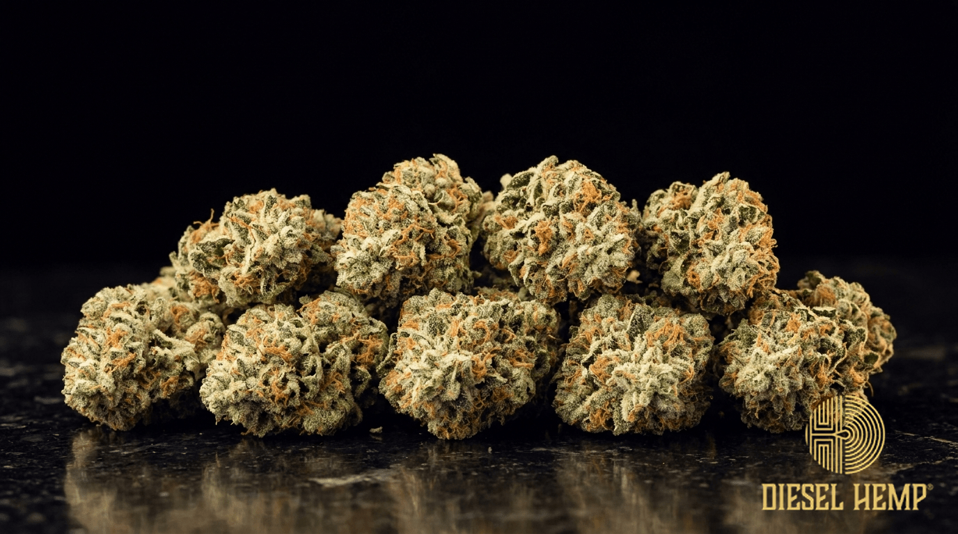 Sour Tsunami CBD hemp flower buds — frosty light-green nugs with orange hairs on a black background | Diesel Hemp