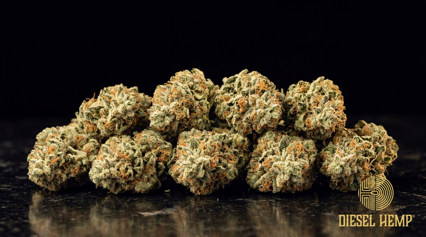 Sour Tsunami CBD hemp flower buds — frosty light-green nugs with orange hairs on a black background | Diesel Hemp