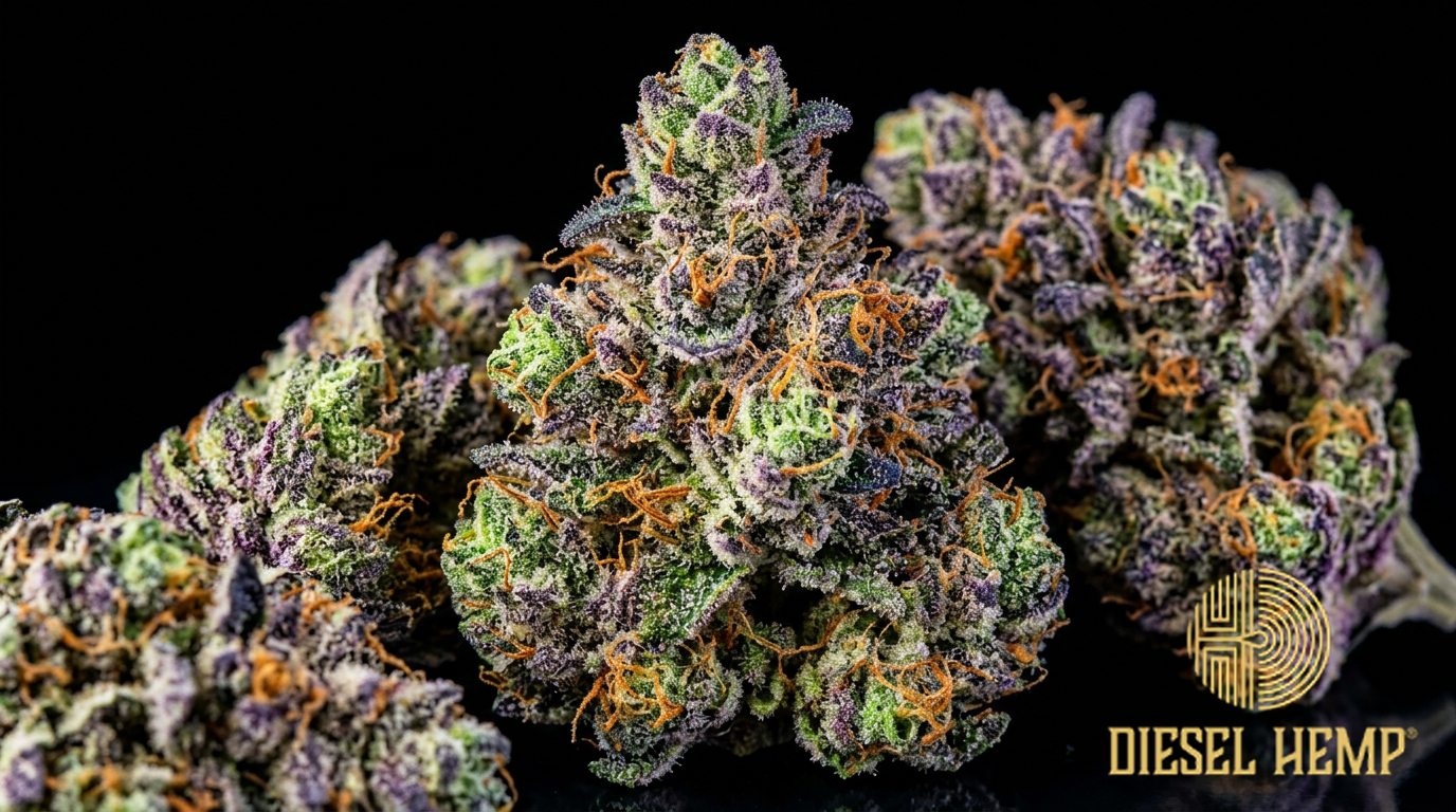 Space Queen strain cannabis flower on black background — bright green buds with purple lavender cosmic flecks and generous sparkling trichome coating | Diesel Hemp