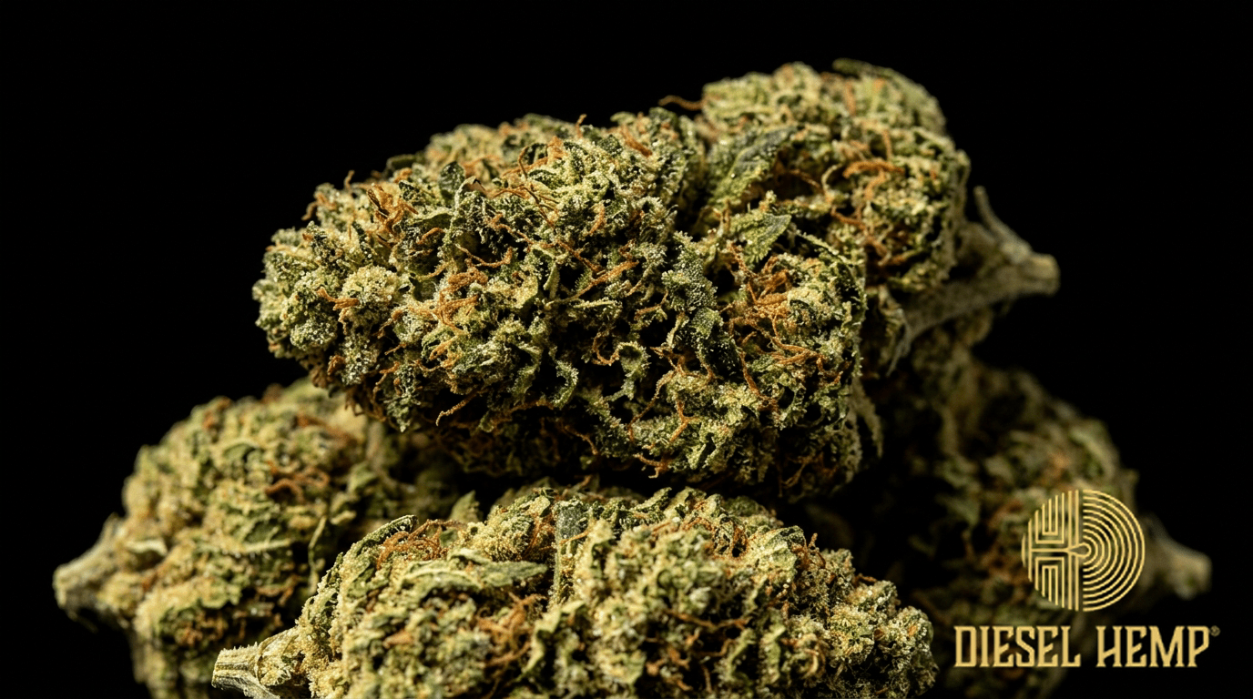 Spec7 CBD Flower hemp buds on black background — light olive green compact hemp buds with amber pistils and moderate trichome coating | Diesel Hemp