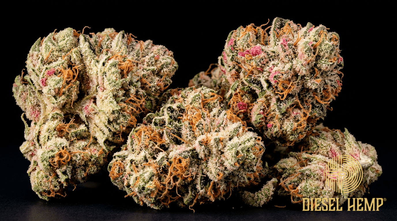 Strawberry Banana strain cannabis flower on black background — light green and cream buds with pink strawberry-red accents and heavy sparkling trichomes | Diesel Hemp