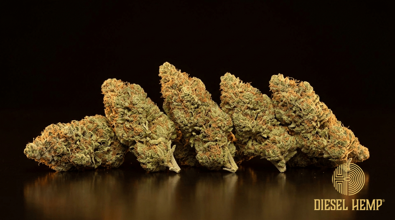 Strawberry Cough cannabis flower buds on black background — Diesel Hemp