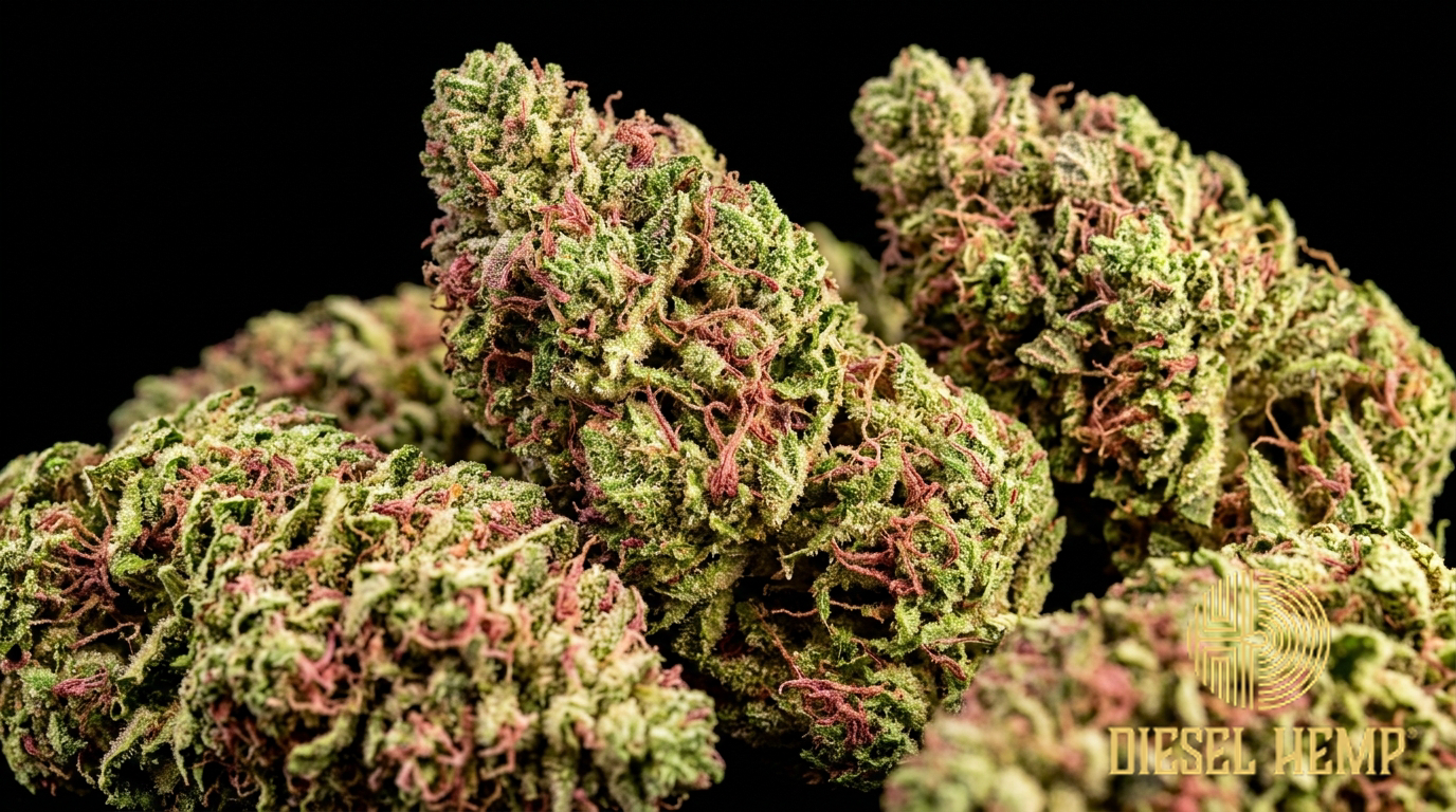 Strawberry Cough strain cannabis flower on black background — bright green buds with delicate pink strawberry accents and reddish-pink pistils | Diesel Hemp