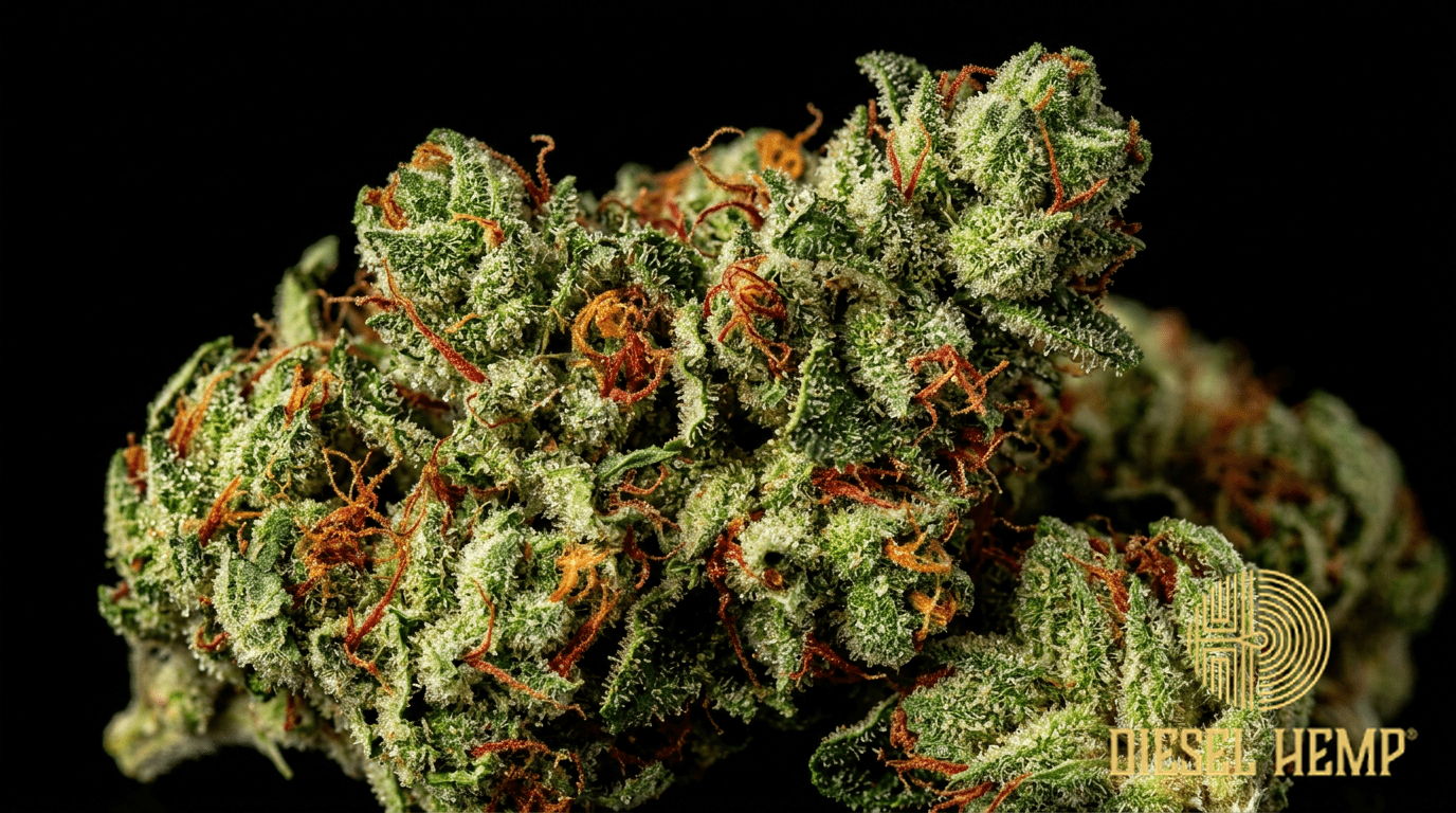 Strawberry Diesel strain cannabis flower on black background — bright green buds with vivid red-orange strawberry accents and heavy trichome coating | Diesel Hemp