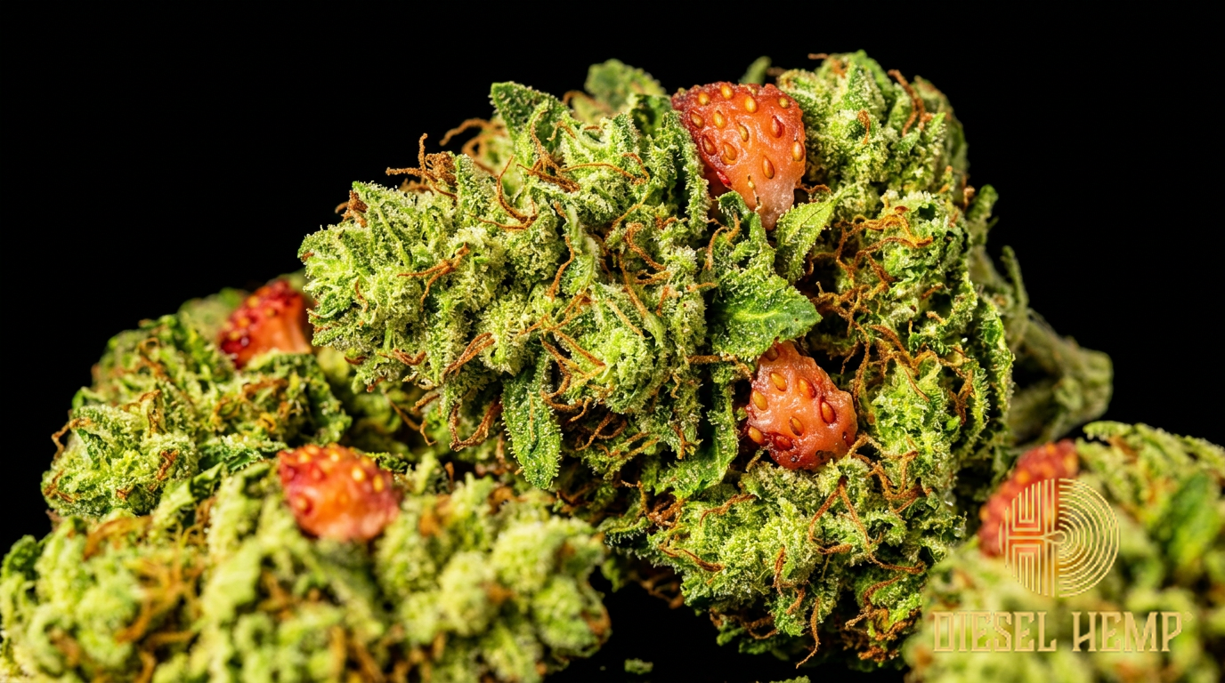 Strawberry Diesel CBD Flower hemp buds on black background — bright lime green hemp buds with red-orange strawberry accents and moderate trichome coverage | Diesel Hemp