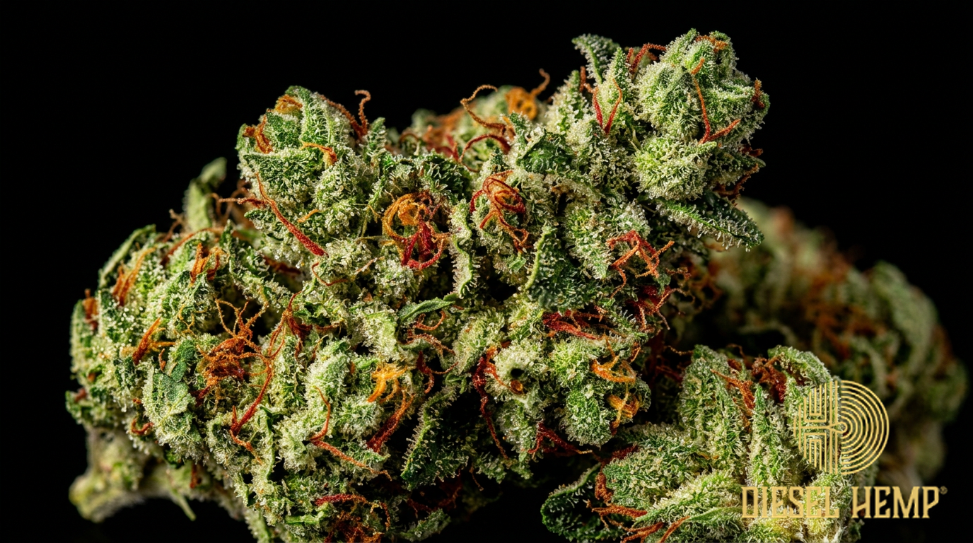 Strawberry Diesel strain cannabis flower on black background — bright green buds with vivid red-orange strawberry accents and heavy trichome coating | Diesel Hemp