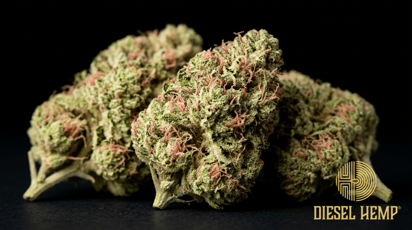 Strawberry Fields strain cannabis flower on black background — light green buds with delicate pink strawberry accents and soft pink-red pistils | Diesel Hemp