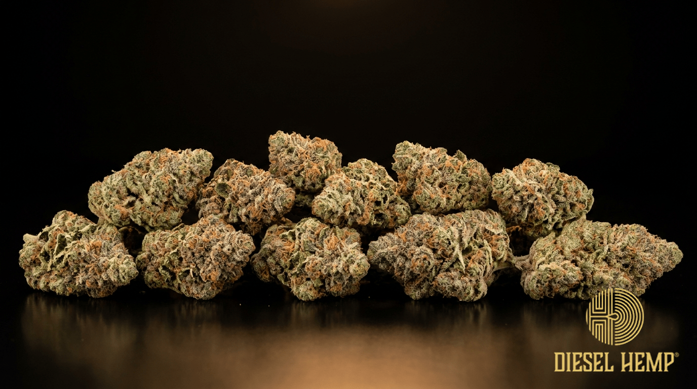 Strawberry Glue strain cannabis flower buds on black background — frosty green buds with reddish-pink berry hues and orange pistils | Diesel Hemp