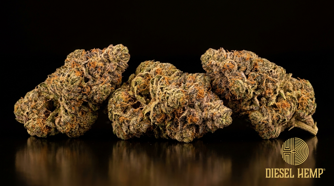 Sunset Sherbet strain cannabis flower buds on black background — frosty purple-green nugs with orange pistils | Diesel Hemp