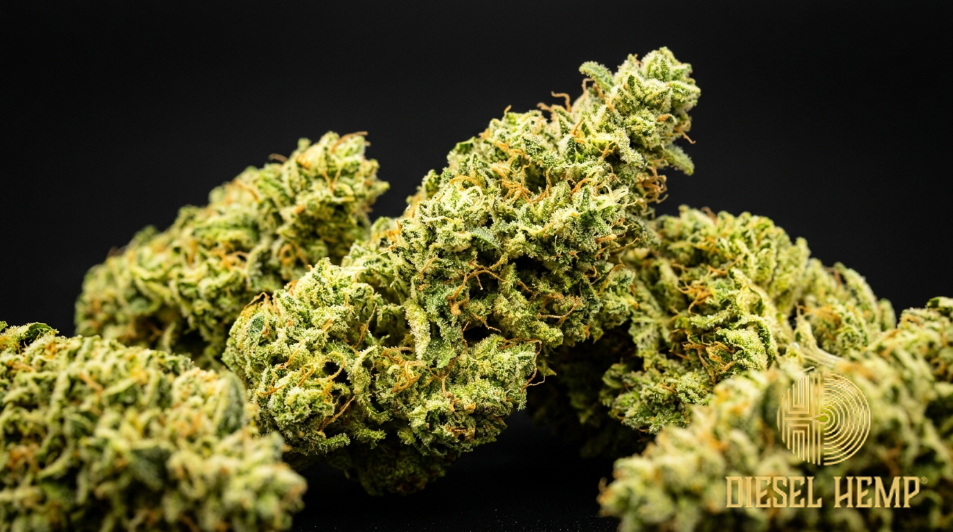 Super Lemon Haze strain cannabis flower on black background — bright yellow-green lemon-colored sativa buds with very heavy frosty white trichome coating | Diesel Hemp
