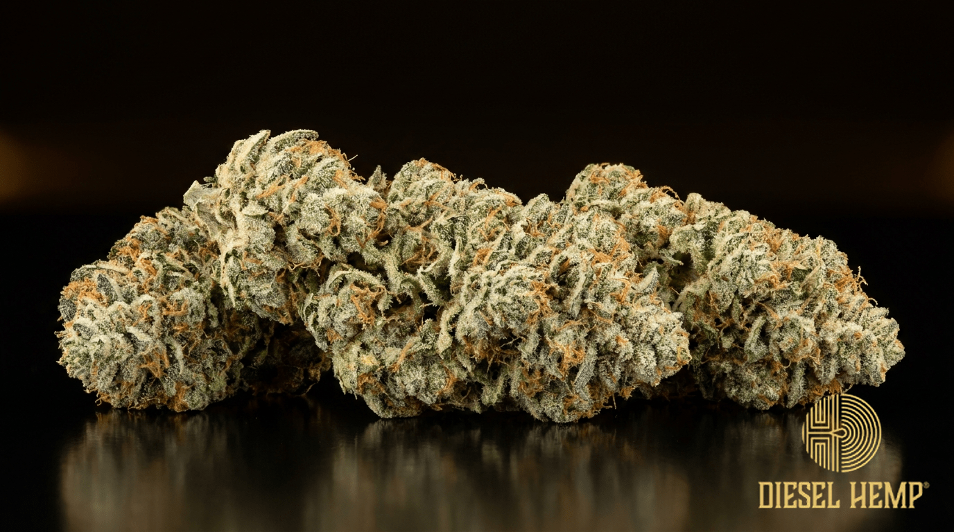 Super Silver Haze cannabis flower buds on black background — frosty silvery light-green nugs with orange hairs | Diesel Hemp