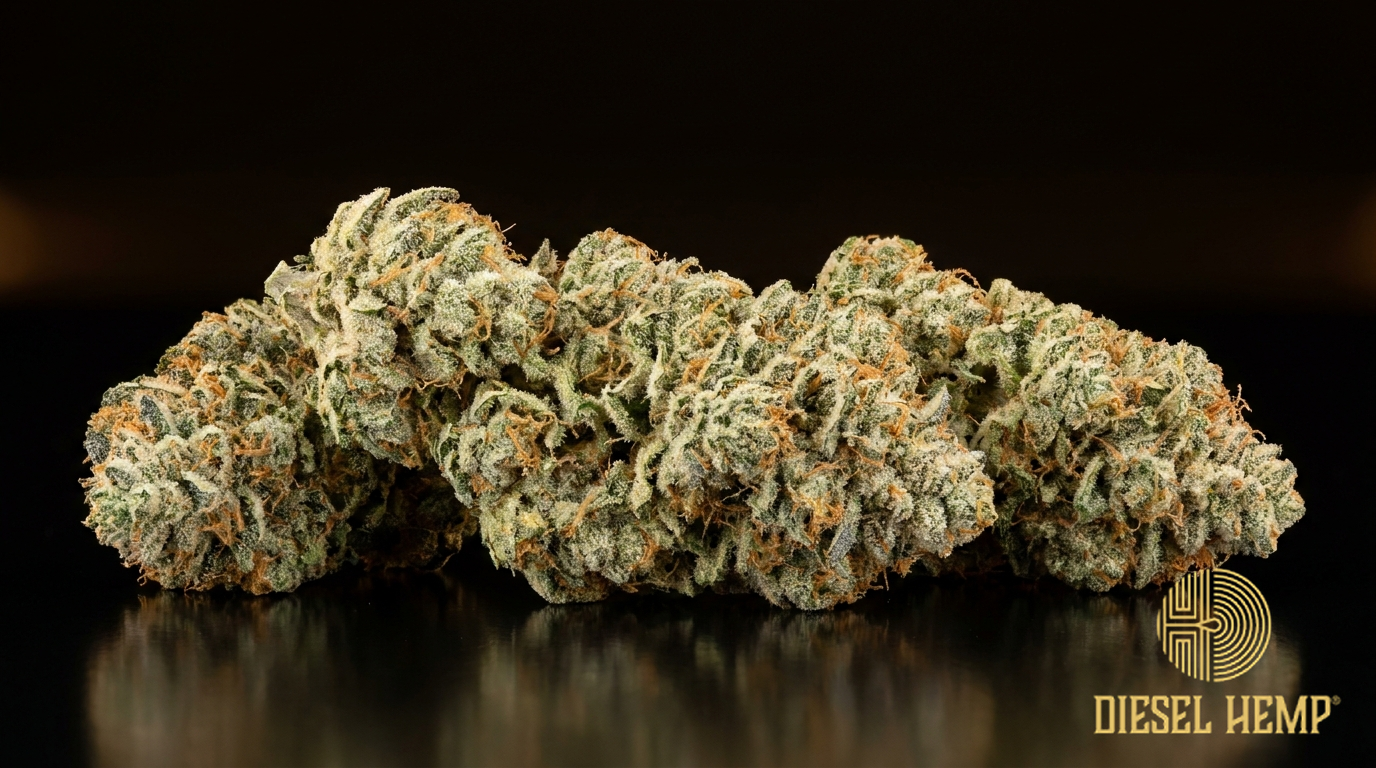 Super Silver Haze cannabis flower buds on black background — frosty silvery light-green nugs with orange hairs | Diesel Hemp