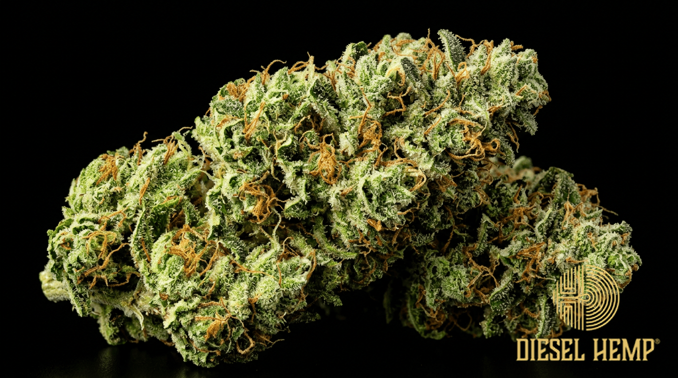Super Sour Diesel strain cannabis flower on black background — bright lime green elongated diesel buds with amber orange pistils and extremely heavy white trichome coating | Diesel Hemp