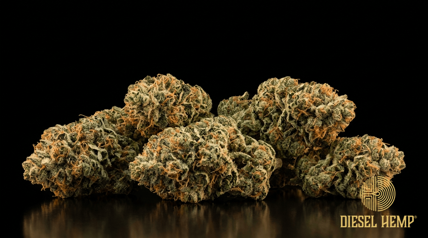 Tahoe OG cannabis flower buds on black background — Diesel Hemp