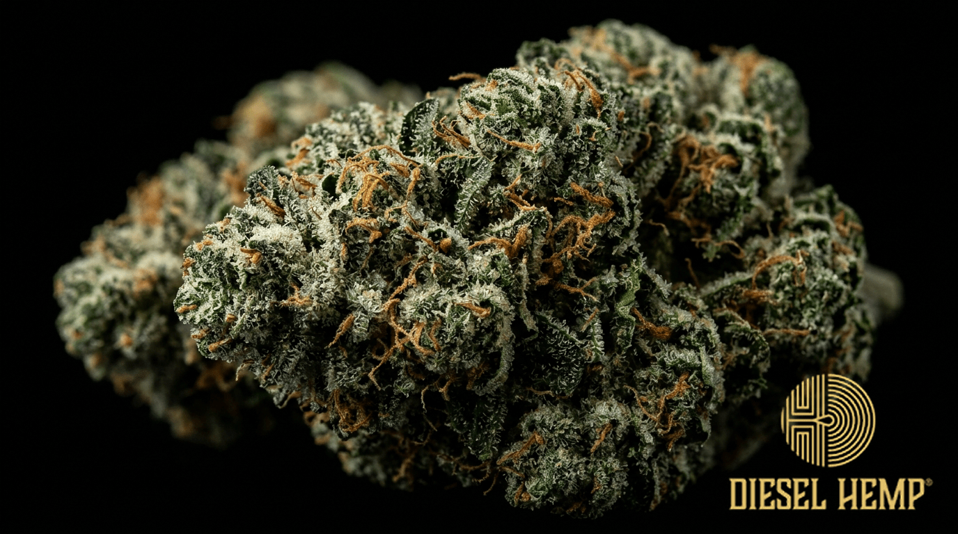 Tahoe OG Kush strain cannabis flower on black background — dense compact forest green kush buds with amber-orange pistils and extremely heavy trichome coating | Diesel Hemp