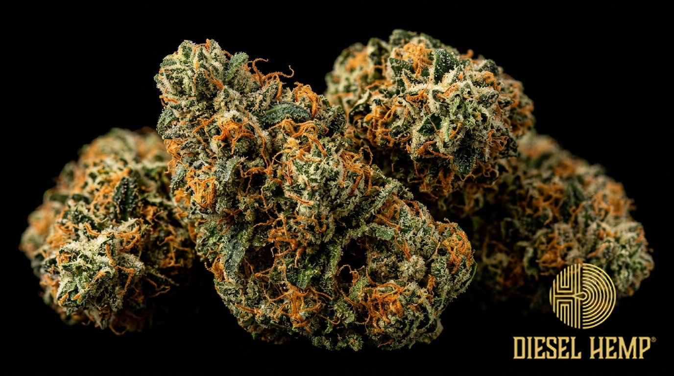 Tangerine Dream strain cannabis flower on black background — bright orange-green buds with vivid tangerine-orange color and generous sparkling trichome frosting | Diesel Hemp