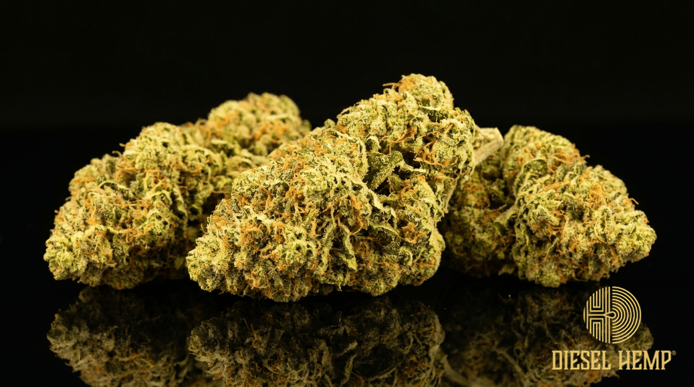 Tangie cannabis flower buds on black background — Diesel Hemp