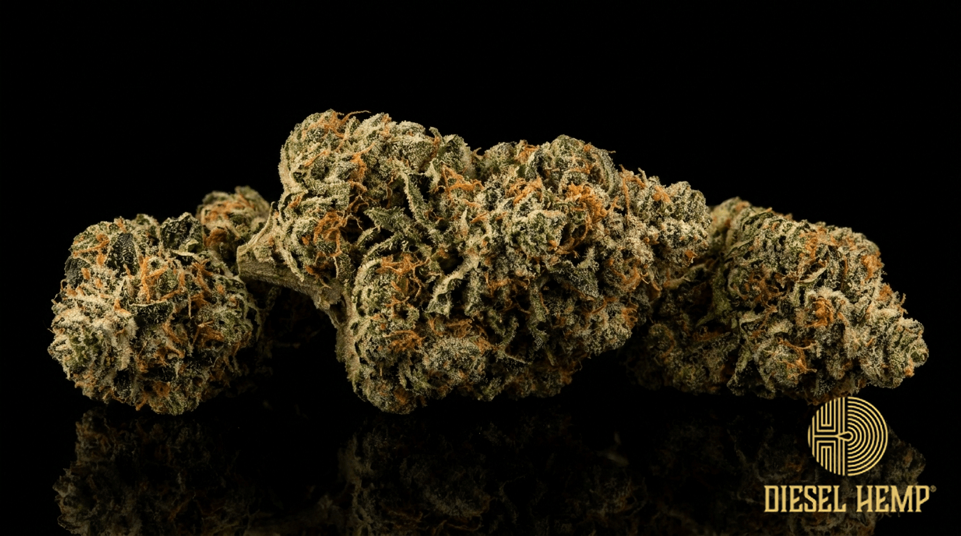 THCA cannabis flower buds caked in trichomes on a black background | Diesel Hemp
