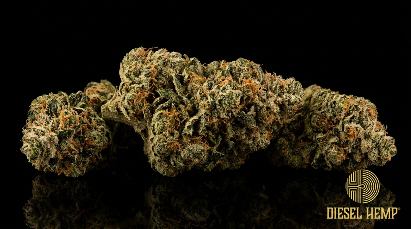 THCA cannabis flower buds caked in trichomes on a black background | Diesel Hemp