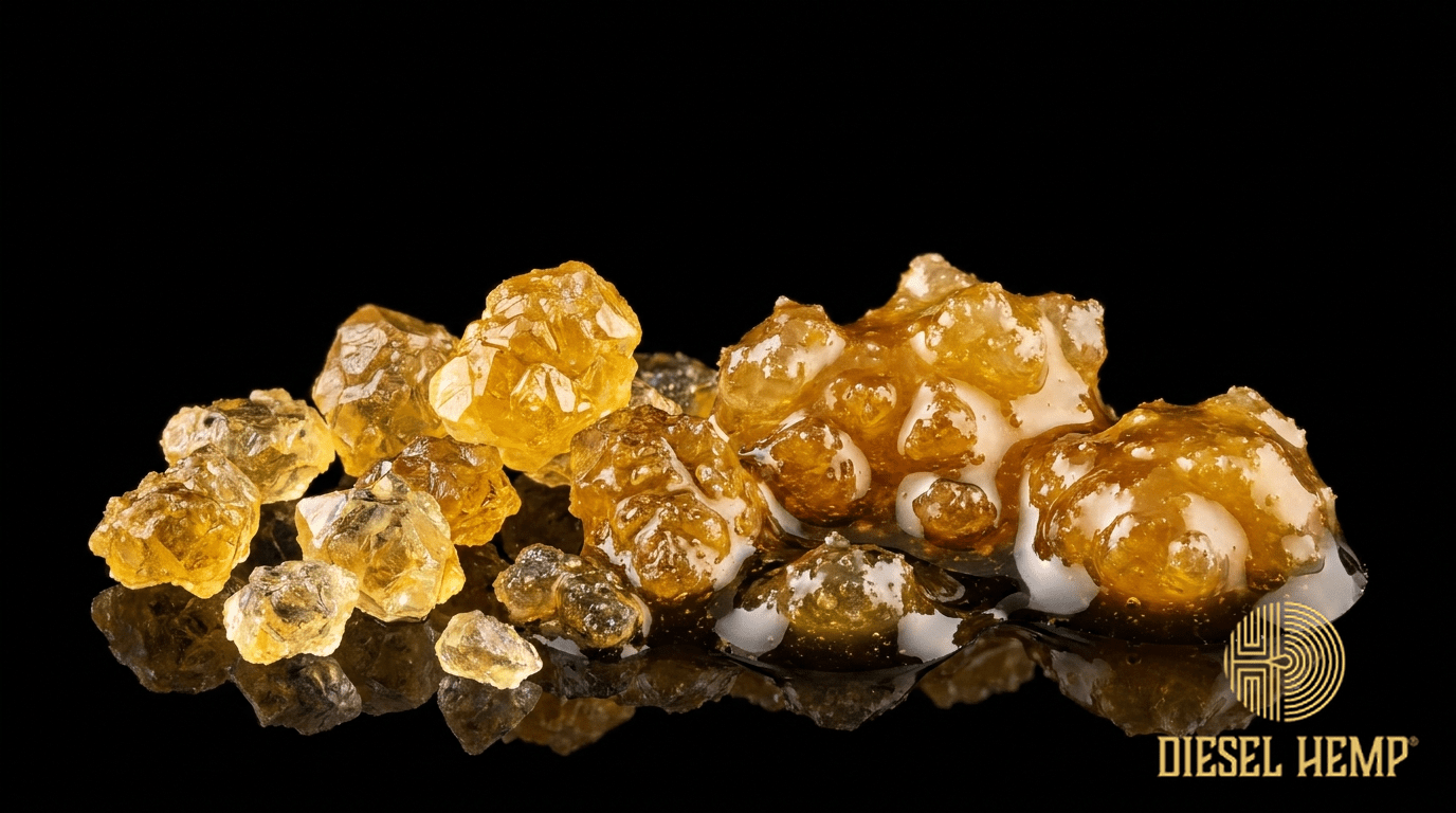 Premium golden THCA live rosin and amber concentrate diamonds on a black background — THCP cannabinoid guide | Diesel Hemp