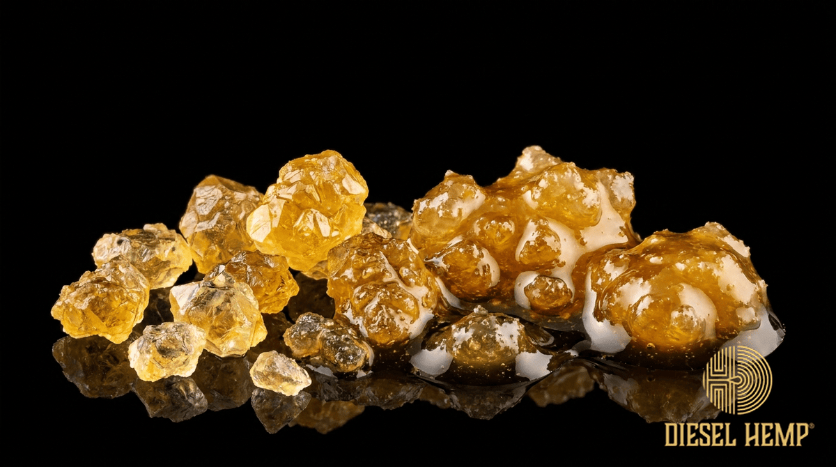 Premium golden THCA live rosin and amber concentrate diamonds on a black background — THCP cannabinoid guide | Diesel Hemp