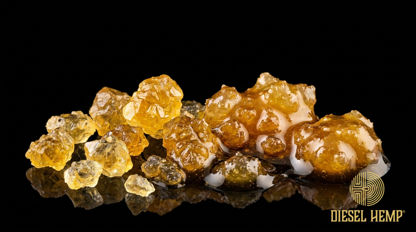 Premium golden THCA live rosin and amber concentrate diamonds on a black background — THCP cannabinoid guide | Diesel Hemp
