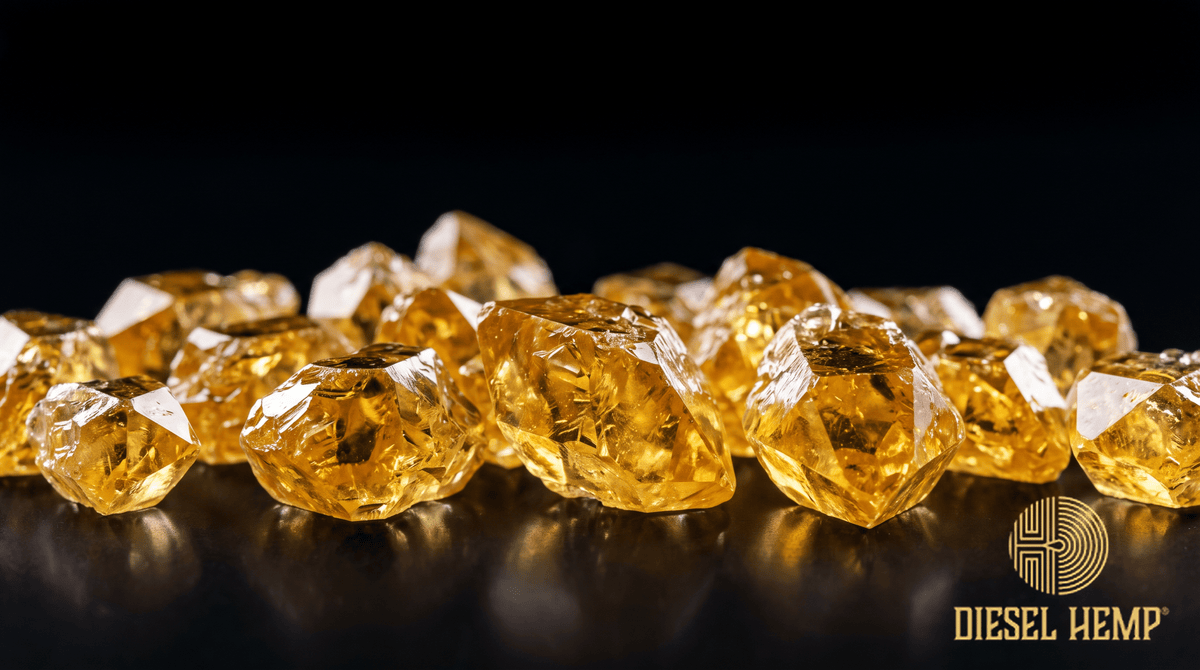 THCV golden crystalline cannabinoid isolate diamonds on a black background — Diesel Hemp