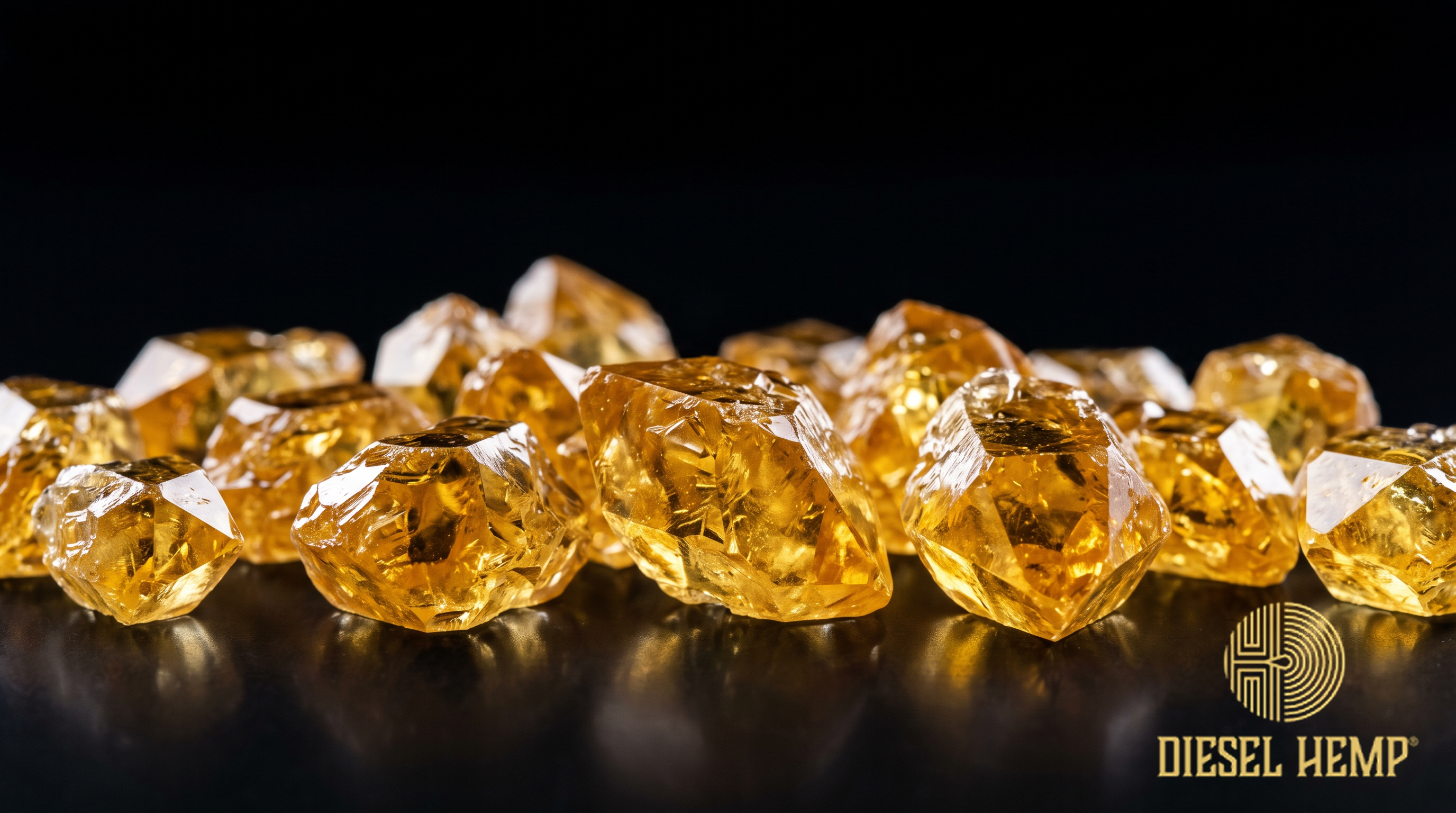 THCV golden crystalline cannabinoid isolate diamonds on a black background — Diesel Hemp