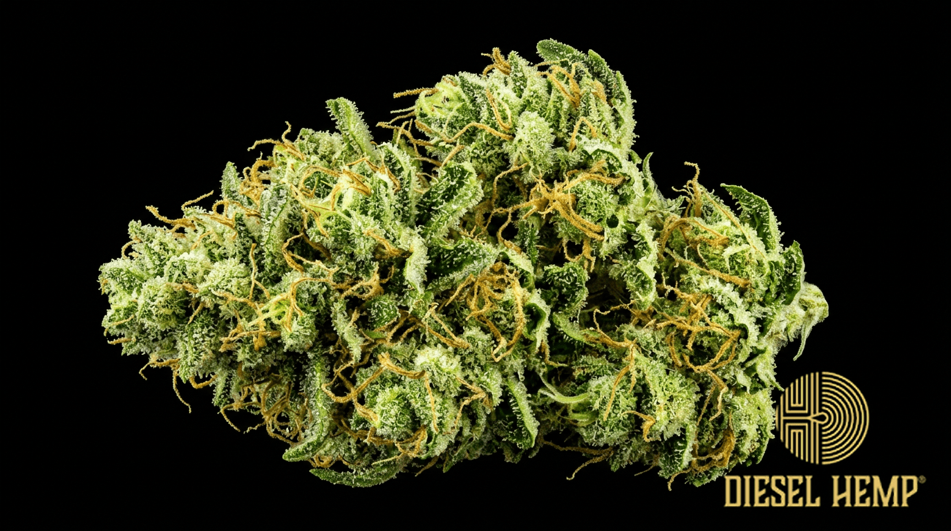 Trainwreck strain cannabis flower on black background — bright lime green loosely structured sativa buds with golden-amber pistils and moderate-heavy trichome coating | Diesel Hemp