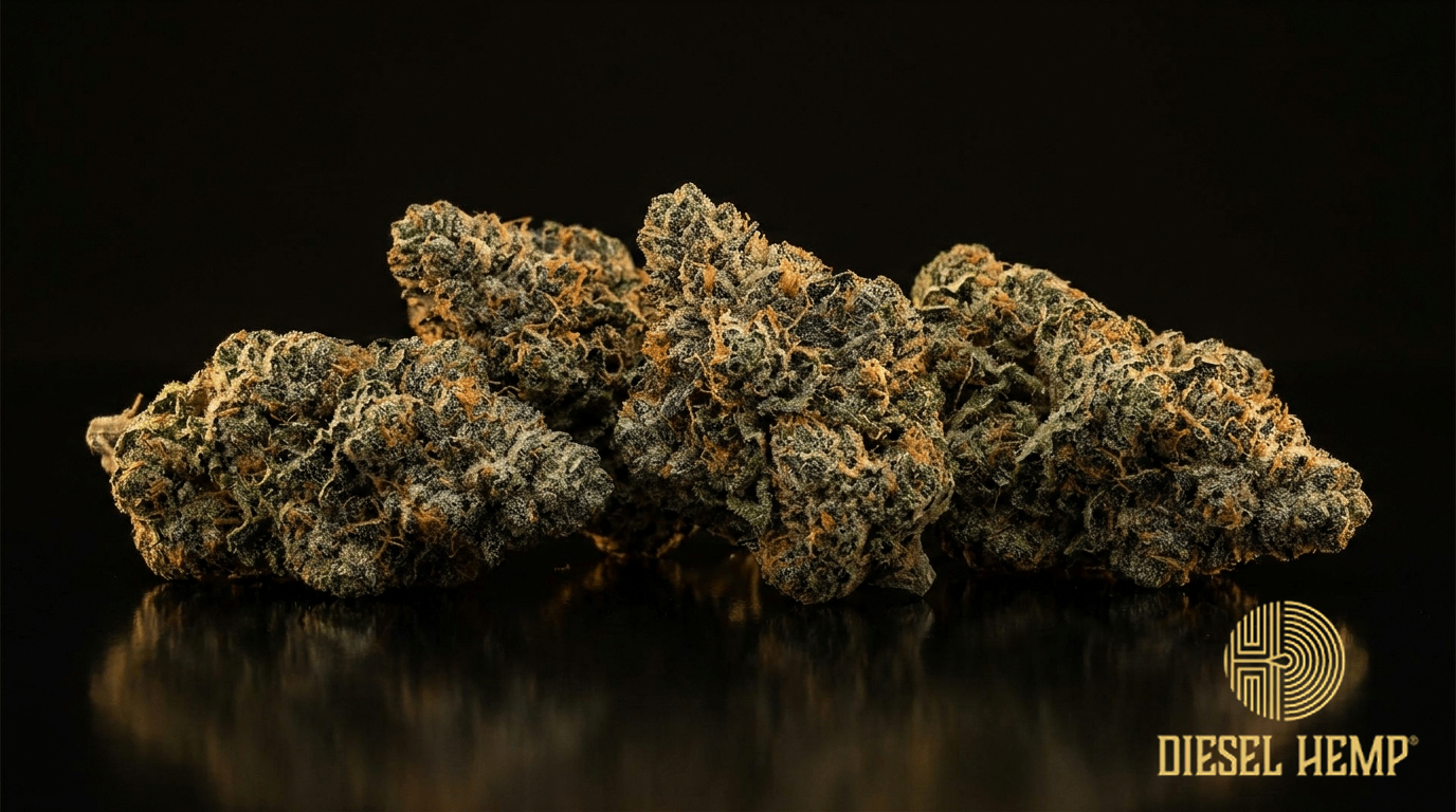 Tropicana Cookies strain cannabis flower buds on black background — frosty green buds with orange pistils | Diesel Hemp