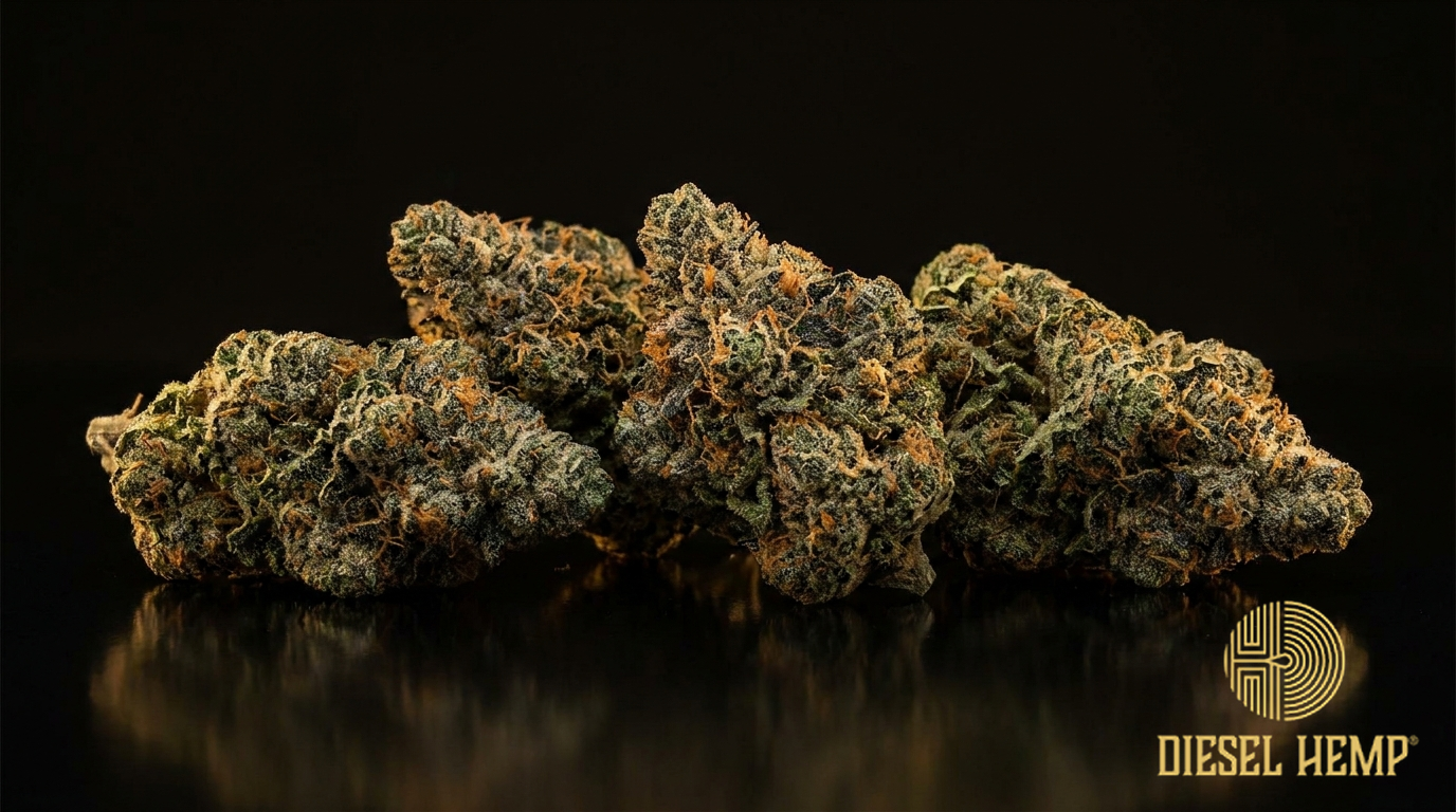 Tropicana Cookies strain cannabis flower buds on black background — frosty green buds with orange pistils | Diesel Hemp