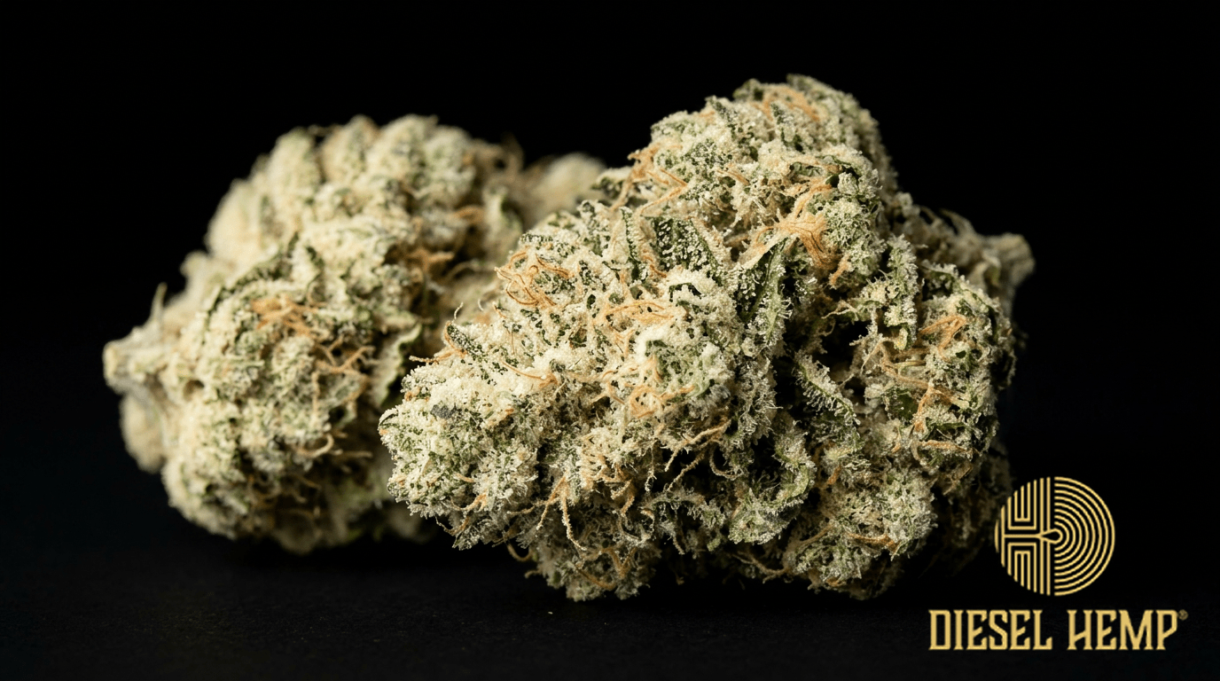 Vanilla Kush strain cannabis flower on black background — light cream-green compact kush buds with soft vanilla-white tones and moderate-heavy trichome coating | Diesel Hemp