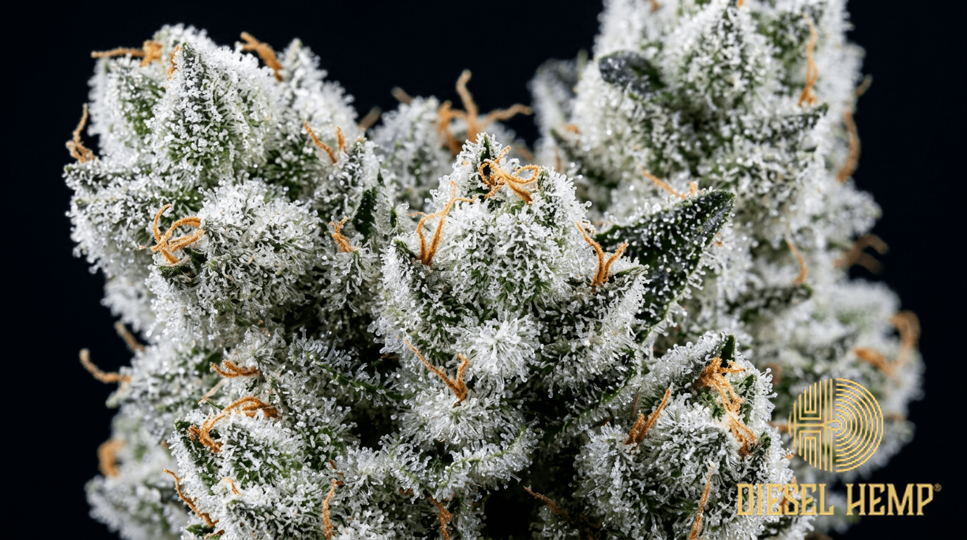 White Widow strain cannabis flower on black background — bright green dense buds with extraordinarily heavy coating of pure white crystalline trichomes giving a snow-white appearance | Diesel Hemp