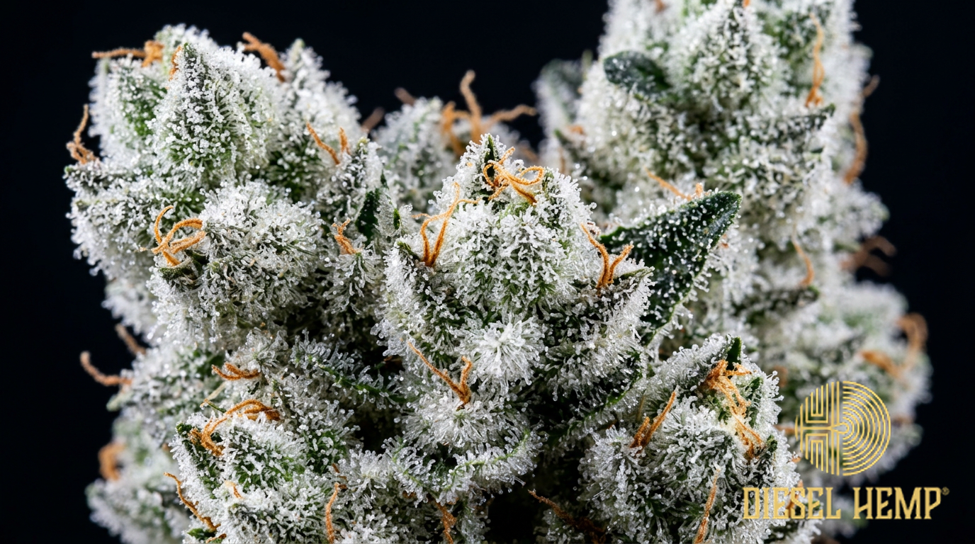 White Widow strain cannabis flower on black background — bright green dense buds with extraordinarily heavy coating of pure white crystalline trichomes giving a snow-white appearance | Diesel Hemp