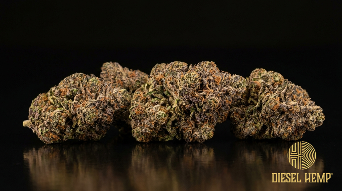 Zkittlez strain cannabis flower buds on black background — dense purple-green nugs with frosty trichomes | Diesel Hemp