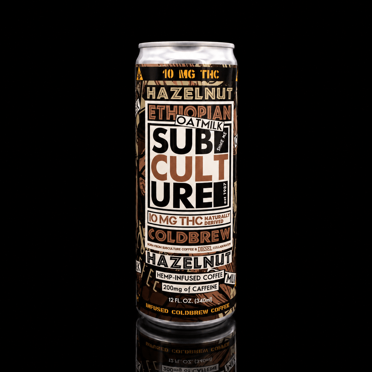 A 12 fl oz can of Sub Culture Ethopian Oat milk Hazelnut Cold Brew coffee with THC, shown on a solid black background with a reflection below.